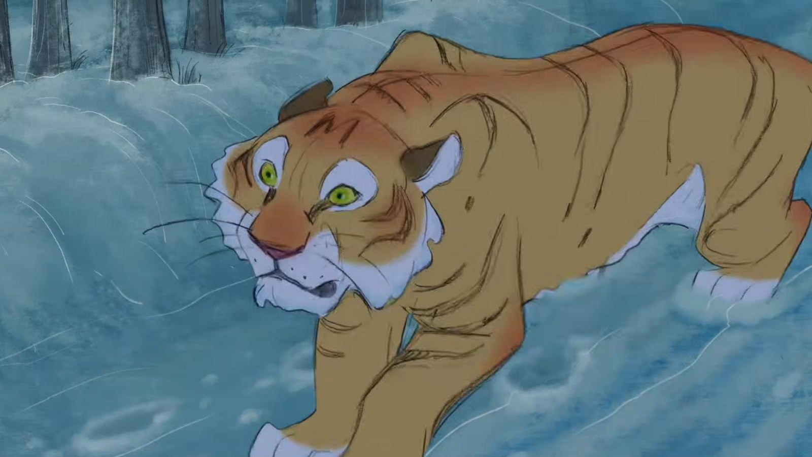 A hand-drawn tiger prowls through the snow in Andreas Deja’s Mushka