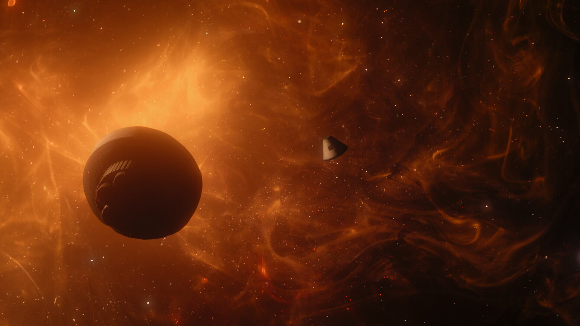 A planet against a fiery orange nebula in Lost in the Sky