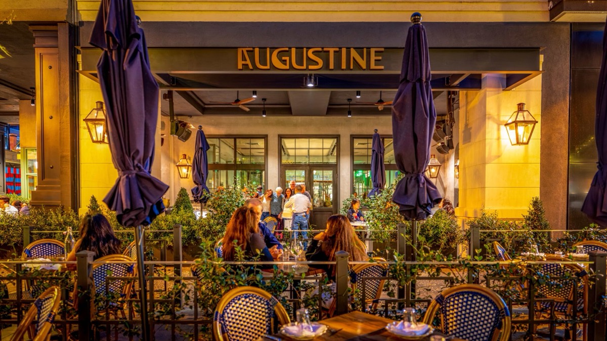 Augustine restaurant’s patio in the evening at Santana Row