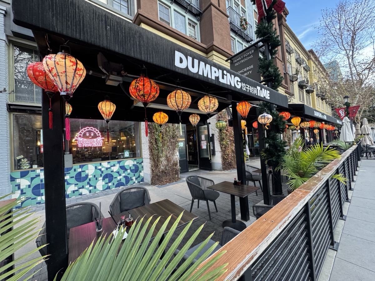 Dumpling Time’s patio with red lanterns at Santana Row