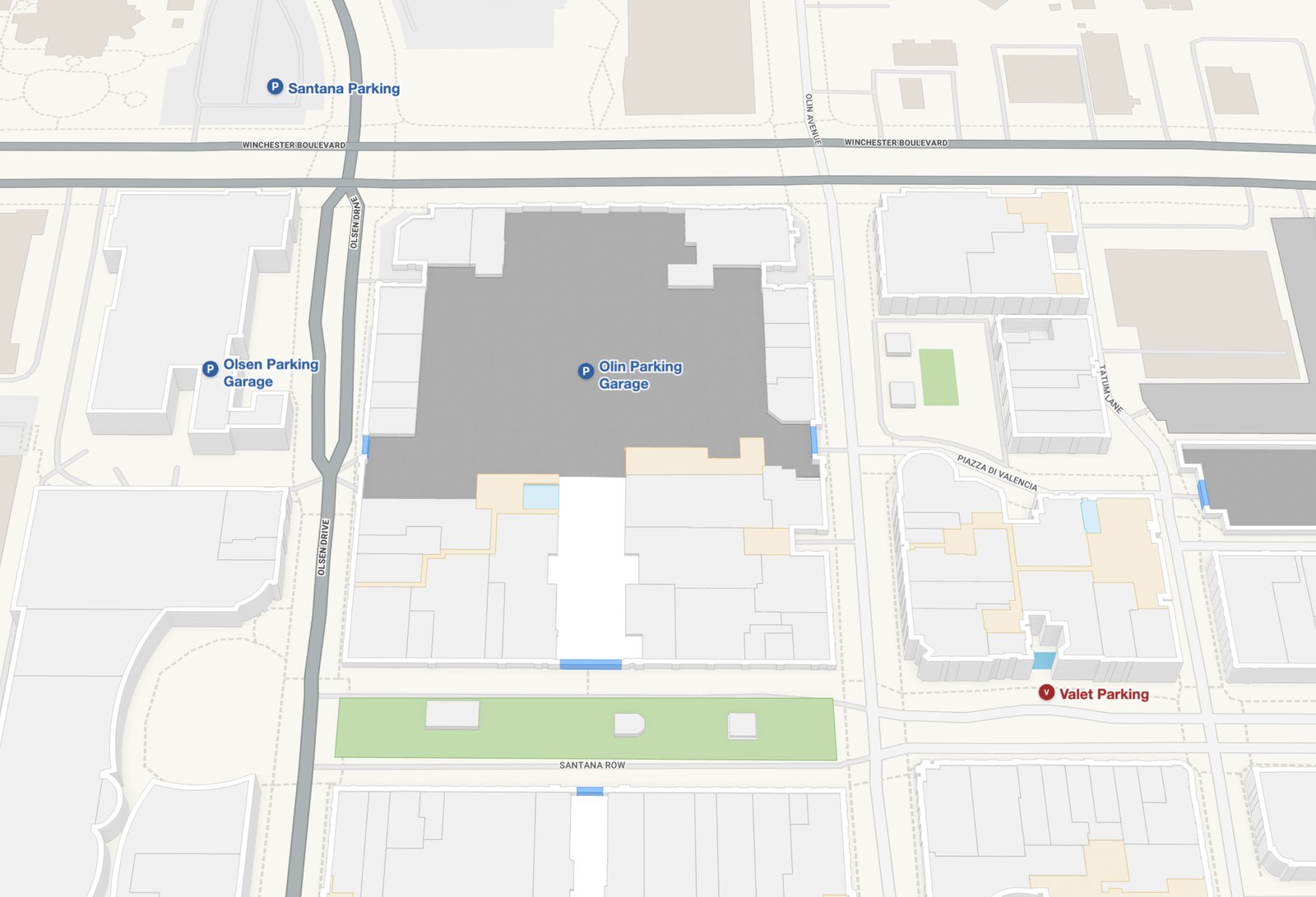 Map of parking near CineArts at Santana Row, showing the Olin Parking Garage, Olsen Parking Garage, Santana Parking and valet parking