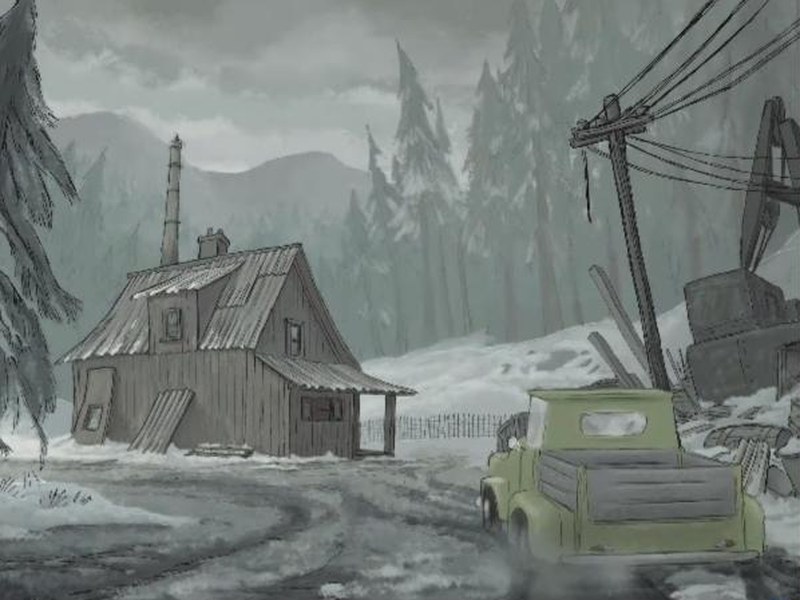 A cabin and an old truck in a snowy forest in Mushka
