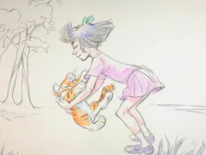 A pencil-drawn Sarah lifting a tiger cub in Mushka