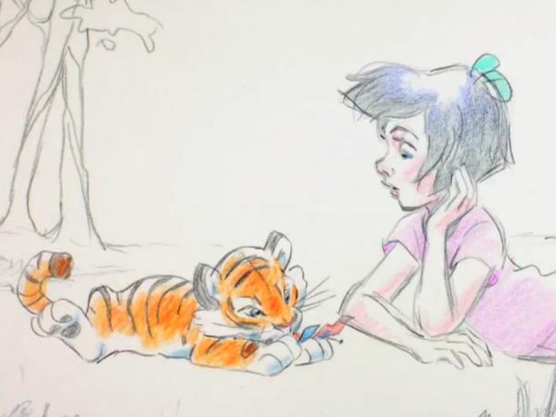 A pencil-drawn Sarah lying beside a tiger cub in Mushka