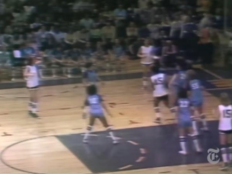 Archival footage of a 1970s women’s basketball game in The Queen of Basketball